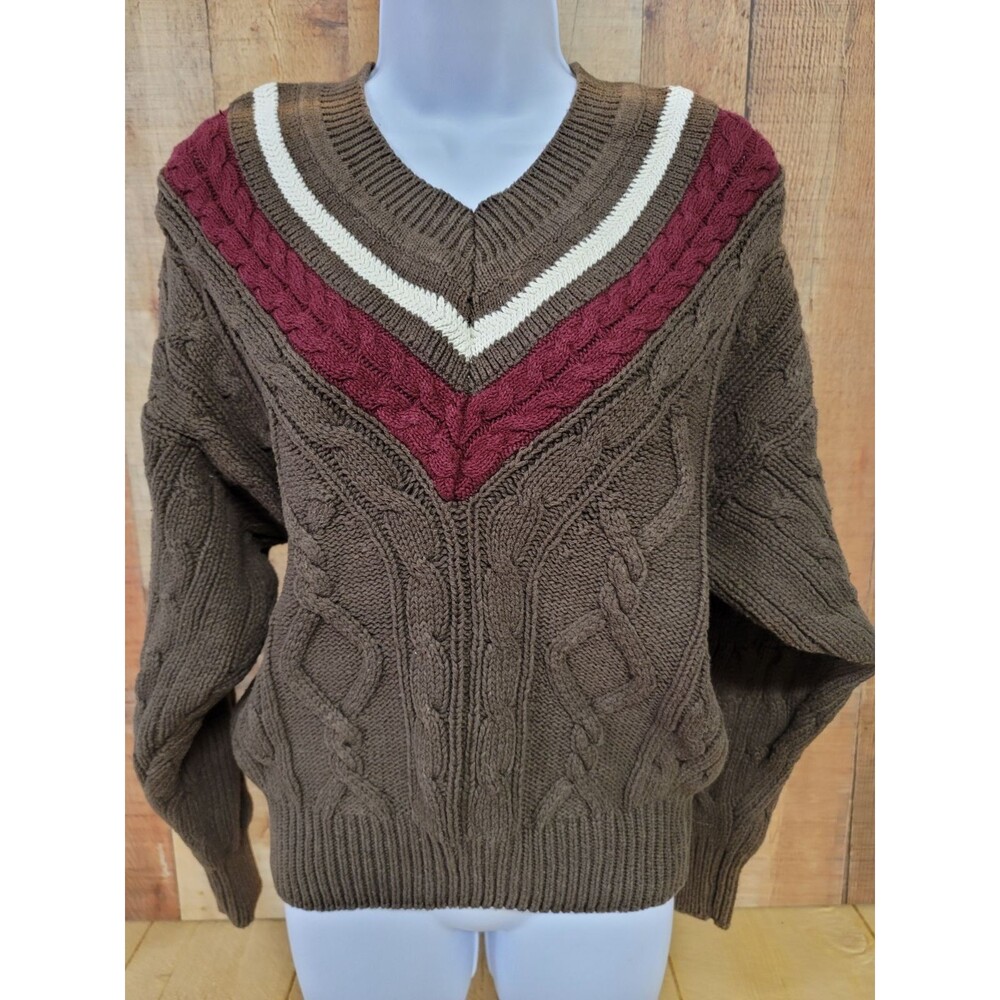 GFC Trading Company Brown, with cream and cranberry "V" shaped unisex sweater. M